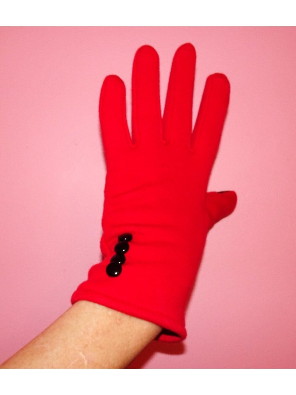 Vintage Red Cold Weather Stretch Gloves Black Button Detail M